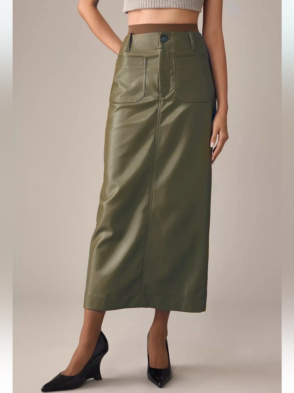 Anthropologie Maeve The Colette Faux Leather Olive Green Maxi Skirt XL NWT